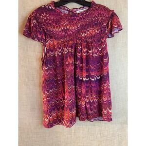 Rose+Olive Smocked Top Bohemian Blouse Ruffle Neck Short‎ Sleeve Purple M